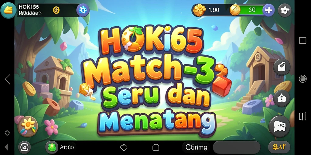 Screenshot HOKI65 menunjukkan gameplay Match-3 yang penuh warna.